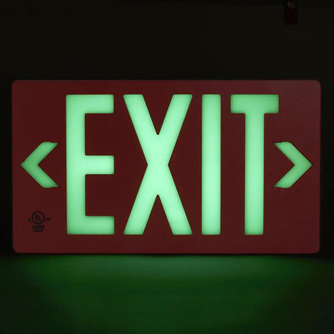Red Exit Sign With Frame Single Sided 8.75 By 15.5 Inch UL Listed Glo Brite 7050 B Zero Energy No Bulbs Or Battery Maintenance