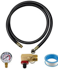 Air Tank Valve Kit With Safety Manifold And 0-200 PSI Gauge, 4 Ft Air Hose, Thread Seal Tape, Grab-and-Go Portable Tank Repair Set, 3 Piece Easy Fix For Quick Leaks And Maintenance. Brass manifold, 4 ft hose, gauge and tape