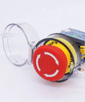 Emergency Stop Push Button Switch 22mm Panel Mount Red Mushroom Latching Action with protective cover, model LA38A-11ZS-Z