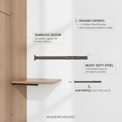 Slim Concealed Shelf Bracket 0.47 Inch Wide Cold Rolled Steel Support in brown finish with interior mount shown on wood paneling