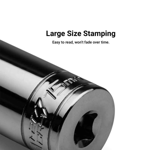 Close-up of 15mm socket from 1/4 Inch Drive 6-Point Socket Set With Shallow And Deep Sockets, chrome vanadium steel with MaxChrome plating.