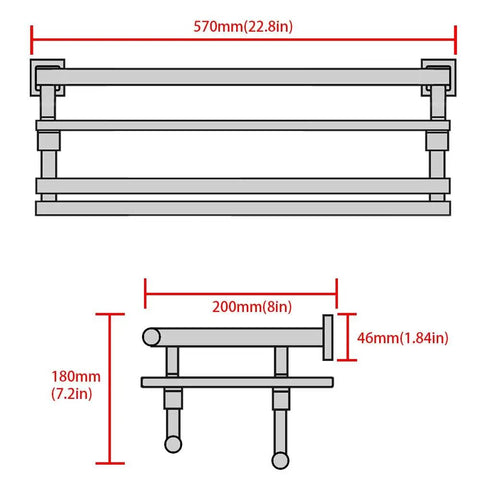 Diagram of Sturdy Glass Bathroom Shelf With 2 Bars Wall Mount In SUS 304 Stainless Steel Brushed Finish, dimensions included.