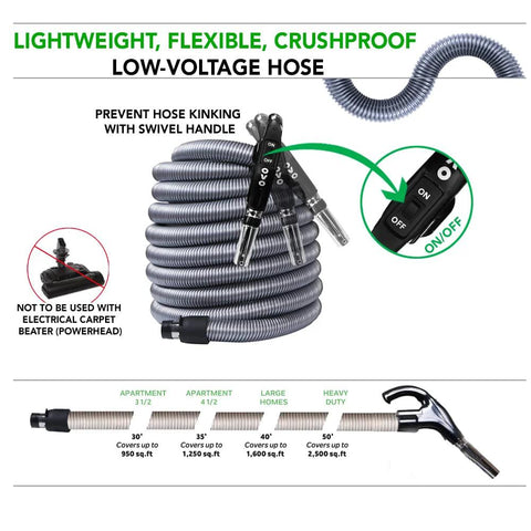 OVO Central Vacuum Deluxe Plus Kit: 40 ft gray low-voltage hose with swivel on/off, floor brush and attachments