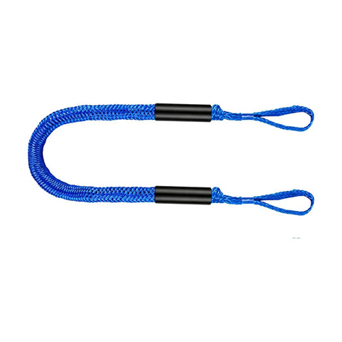Dock Line For Shore Docking With Bungee Mooring Rope Double Loop Ends For Kayak And Dinghy 6 Ft Rope, blue braided with elastic core.