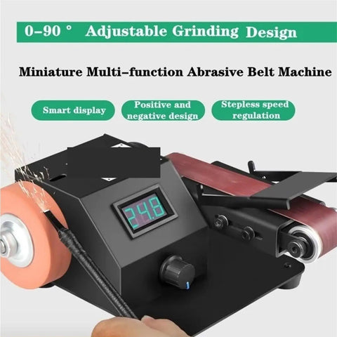Electric Belt Sander And Polisher With Adjustable Grinding Platform For Woodworking And Knife Sharpening Heavy Duty showing a smart display and grinding wheel.