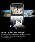 Image of smartphone showcasing ColorPro 2K QHD Outdoor Camera with secure local and cloud storage features.