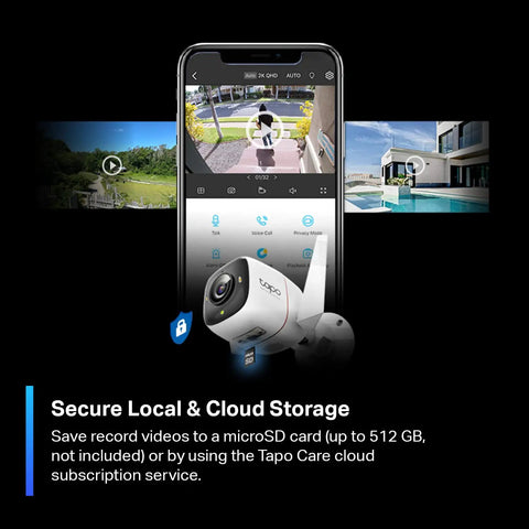 Image of smartphone showcasing ColorPro 2K QHD Outdoor Camera with secure local and cloud storage features.