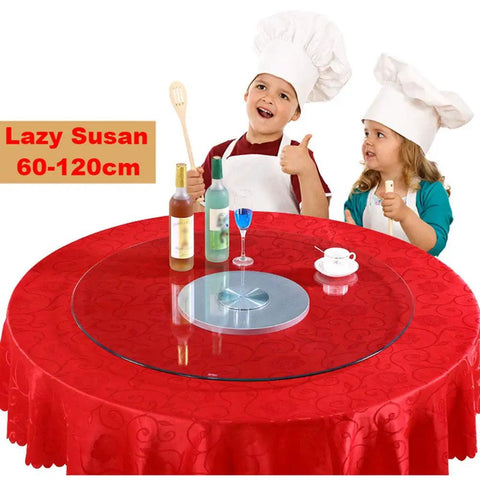 60–120 CM Tempered Glass Lazy Susan Turntable For Dining Tables on red tablecloth with children in chef hats