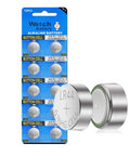Pack Of Ten LR44 AG13 Button Cell Batteries 1.5V Coin Cells Replacement For Watches Calculators Toys And Remotes on packaging.