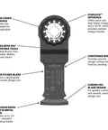 Top Shelf Plunge Cut Blades For Oscillating Multi Tools Featuring Starlock Adapters Swiss Made Pro Steel Built Legit To Crush Hardwood And Drywall Cutting Tasks With Smooth Action And No Extra Effort 10 Pack displayed with notes on features including Starlock interface and laser etched blade.