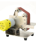 Mini Electric Belt Sander, Compact Handheld DIY Polisher, Sharpener & Grinder For Wood Sanding, portable metal body with yellow motor.