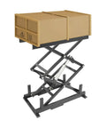 High Tech Electric Scissor Lift Table For Warehouse Pros, 180 Lb Heavy Duty Capacity With Smooth Hydraulic Pump And Rust Proof Black Iron Build with cardboard boxes on top.