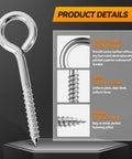 Two Pack 6 Inch Heavy Duty Screw Eyes Hooks In 304 Stainless Steel Self Tapping Eye Bolts For Wood And Securing Wires And Cables