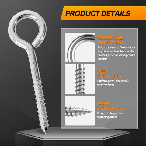 Two Pack 6 Inch Heavy Duty Screw Eyes Hooks In 304 Stainless Steel Self Tapping Eye Bolts For Wood And Securing Wires And Cables