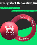 Red aluminum push start button cover with metal ring for car interior, compatible with Challenger, RAM 1500, Charger.