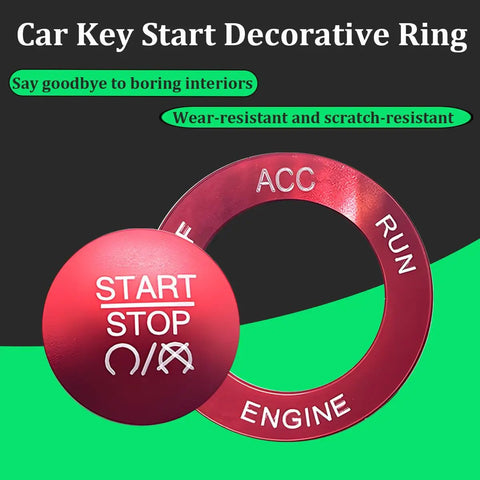 Red aluminum push start button cover with metal ring for car interior, compatible with Challenger, RAM 1500, Charger.