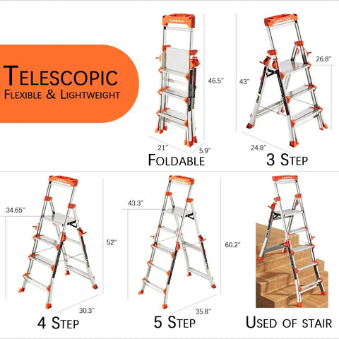 Lightweight Aluminum Five Step Ladder With Handrails And Tool Tray Anti Slip Wide Pedals Folding Step Stool For Home And Stairs And Outdoor Projects Telescoping Extension Portable Easy Storage 330 Lb Capacity, 5-step foldable on stairs