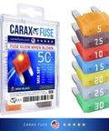 Smart Mini Blade Led Automotive Fuses 50 Piece Assortment Mix Kit Featuring Glowing Indicators in clear packaging.
