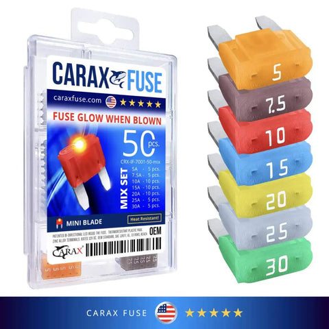 Smart Mini Blade Led Automotive Fuses 50 Piece Assortment Mix Kit Featuring Glowing Indicators in clear packaging.