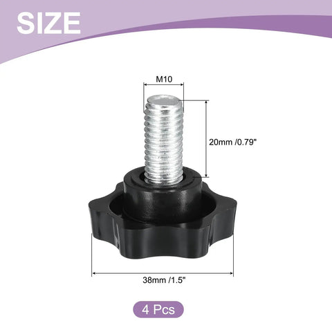 Badass Rock Solid M10 X 20 Mm Star Locking Clamping Knobs With A Grippy Polymer Design shown with dimensions, pack of 4.