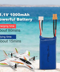 Pro Level RC Airplane For Adults, 2.4G 6CH Glider battery showcasing 11.1V 1000mAh with charging and flying times.