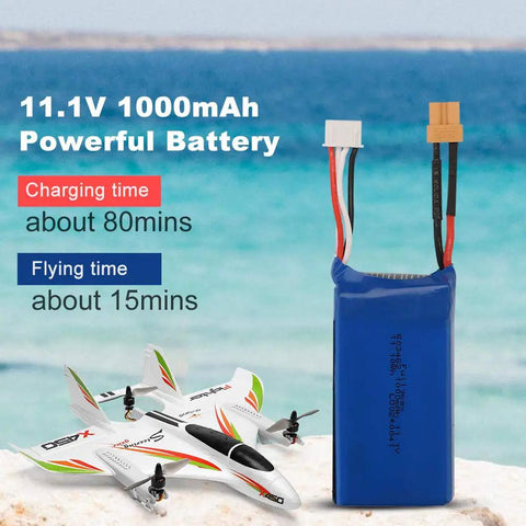 Pro Level RC Airplane For Adults, 2.4G 6CH Glider battery showcasing 11.1V 1000mAh with charging and flying times.