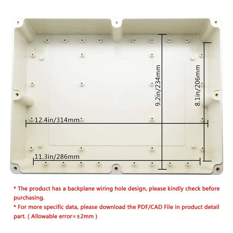 Heavy IP65 Waterproof Junction Box Universal Electrical Enclosure Built From ABS Plastic 12.4x9.2in backplane design in pale gray.