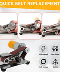 Quick belt replacement mechanism of Compact Mini Electric Belt Sander 100-240V for versatile DIY woodwork project.