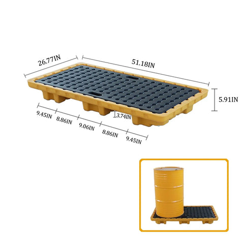 Stackable industrial drum spill pallet with drain, yellow containment tray for garage and workshop use, detailed measurements