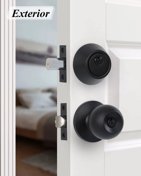 Locking Satin Nickel Door Knob Set With Keyed Entry Easy Install Hardware Handle installed on a white door exterior