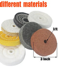 7 Piece 3 Inch Buffing And Polishing Wheels Kit Featuring 3 8 Arbor Mount For Bench Grinders Mixed Grit Abrasive Pads showing different materials.