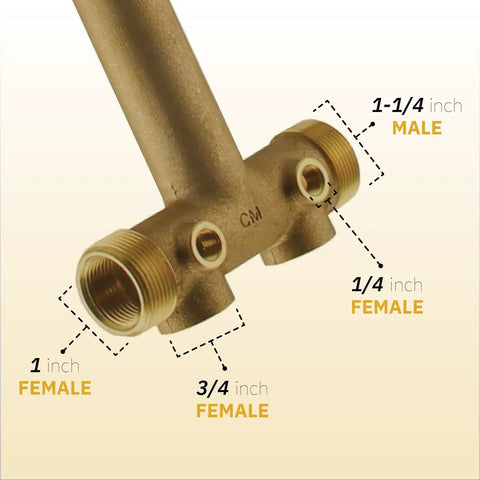 Pressure Tank Installation Kit With Brass Union Tee For One And Quarter Inch Inlet Fits Most Pressure Tanks Up To Twenty Two Inches Diameter Easy Install For DIYers Pre Set 40 60 Psi Switch 100 Psi Brass Drain Valve Relief Valve Handle Cover Color May close-up of brass union tee with multiple threaded ports