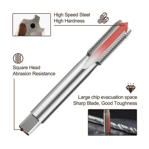 Super Heavy Duty Left Hand Machine Tap And Die Set For Automotive Tie Rods Gas Fittings With Metric Sizes M3 To M20 HSS Steel Tool Kit For Quick Fixes On Rotating Machinery Components, square head HSS tap