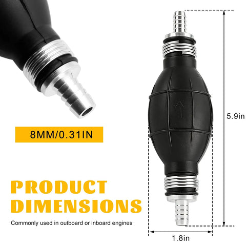 Real Deal Manual Fuel Transfer Pump With Hella Durable Rubber Bulb Grip Quick Prime Fuel Line 8mm 5 16 Inch close-up showing dimensions.