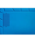 Top view of S-130 Heat Resistant Silicone Soldering Mat For Electronics Repair, blue work pad with screw positions and notches.