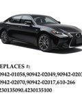 Side view of a black Lexus sedan with part numbers for a Chrome Lug Nut And Stud Set M12 X 1.5 For Car Wheels, 4 Pack Heavy Duty Lug Hardware Kit With OEM 90942-01058 Fits Lexus ES250 GX460 GS450h ES300 Rust Proof Easy Install Durable And Ready To Roll. Listed underneath.