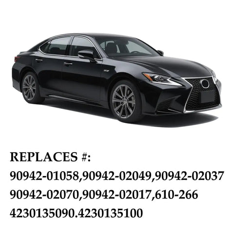 Side view of a black Lexus sedan with part numbers for a Chrome Lug Nut And Stud Set M12 X 1.5 For Car Wheels, 4 Pack Heavy Duty Lug Hardware Kit With OEM 90942-01058 Fits Lexus ES250 GX460 GS450h ES300 Rust Proof Easy Install Durable And Ready To Roll. Listed underneath.