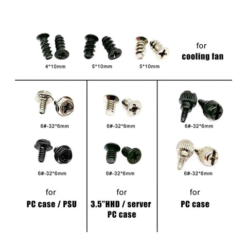 One Stop PC Screw And Mounting Hardware Kit For Builds And Repairs With Chassis Bolts Hard Drive And Fan Screws Mainboard And Power Supply Fasteners Includes Two Capacity Packs For Daily DIY Replacements And Handy Gear For Quick Fixes. assorted 4x10mm and 6#-32x6mm PC screws for case, PSU, HDD, and fan