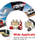 Battery Terminal Connectors 2 Pack 4 Way Quick Disconnect Release for Auto and Marine Use Heavy Duty Top Post Clamps with images of vehicles