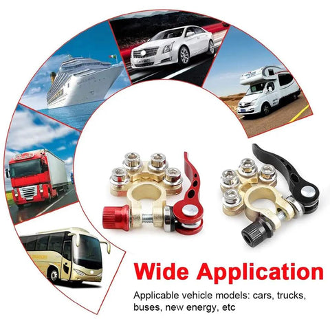 Battery Terminal Connectors 2 Pack 4 Way Quick Disconnect Release for Auto and Marine Use Heavy Duty Top Post Clamps with images of vehicles