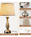 Tall Rustic Bedside Lamp With 2 USB Ports, 3-Way Dimmable Touch Control Nightstand Light, beige linen shade, metal base.