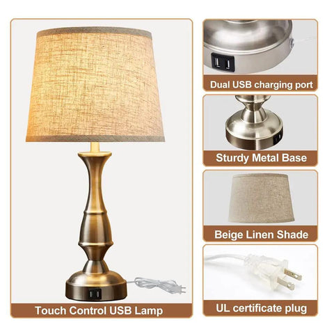 Tall Rustic Bedside Lamp With 2 USB Ports, 3-Way Dimmable Touch Control Nightstand Light, beige linen shade, metal base.
