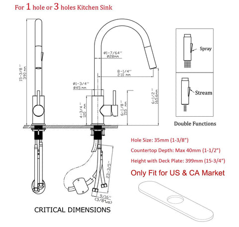 Diagram of Black Kitchen Faucet With Magnetic Pull Down Sprayer High Arc Stainless Steel Design CUPC Ceramic Cartridge 10 Inch Deck Plate