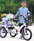 Child standing with outdoor kids pedal tricycle for ages 3 to 10, three wheel trike with chain drive, tandem purple rear seat.
