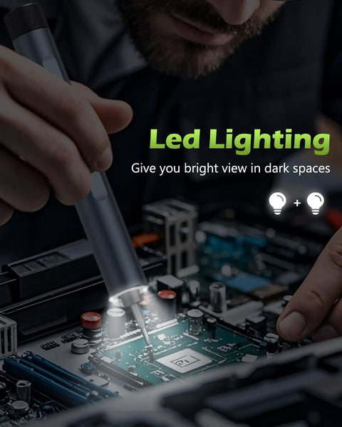 Man using Mini Electric Screwdriver Cordless Precision Tool Kit With 49 In 1 Set And 47 Magnetic Bits LED Light Rechargeable Dual Torque Modes For Phone Camera Laptop Watch DIY Repairs Pro Grade on electronic circuit board