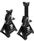 Pair of black 3-ton steel jack stands with double-lock pins and safety chains, front view