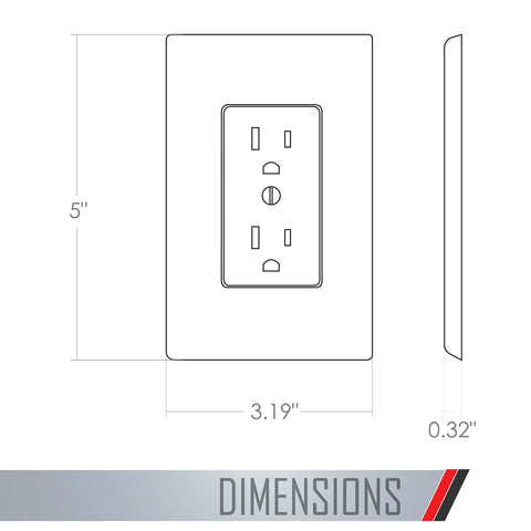Diagram showing dimensions of 1 Gang Decorator Electrical Outlet Cover Wall Plate White Polycarbonate 5 Pack Jumbo Masque Style