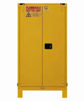 Hella Secure 60 Gallon Flammable Safety Cabinet With Double Wall Steel And Self Closing Doors front view in yellow design, locked.