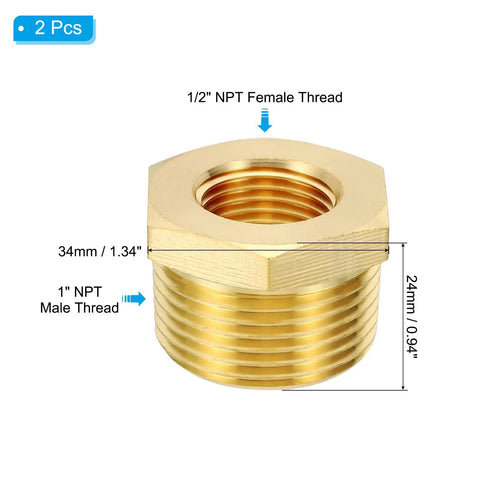 Brass Hex Bushing Two Pack One Half Inch NPT Female To One Inch NPT Male Reducer Pipe Fittings For Water Air Oil Gas Lines