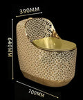 Modern Dual Flush Toilet Featuring Silent Vortex Flushing System And Soft Close Seat In Sleek Gold design with dimensions 390MM x 640MM x 700MM.